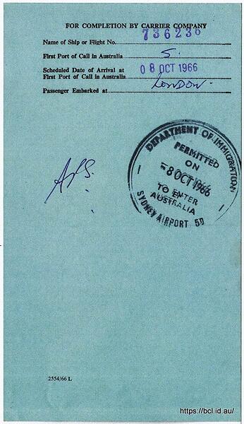 661008 My Original Immigration Card Back