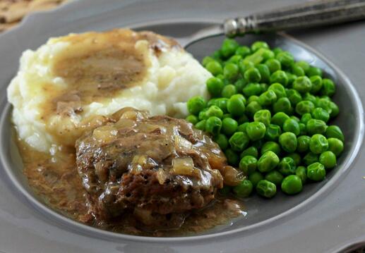 Burger, Onions, Mash And Peas